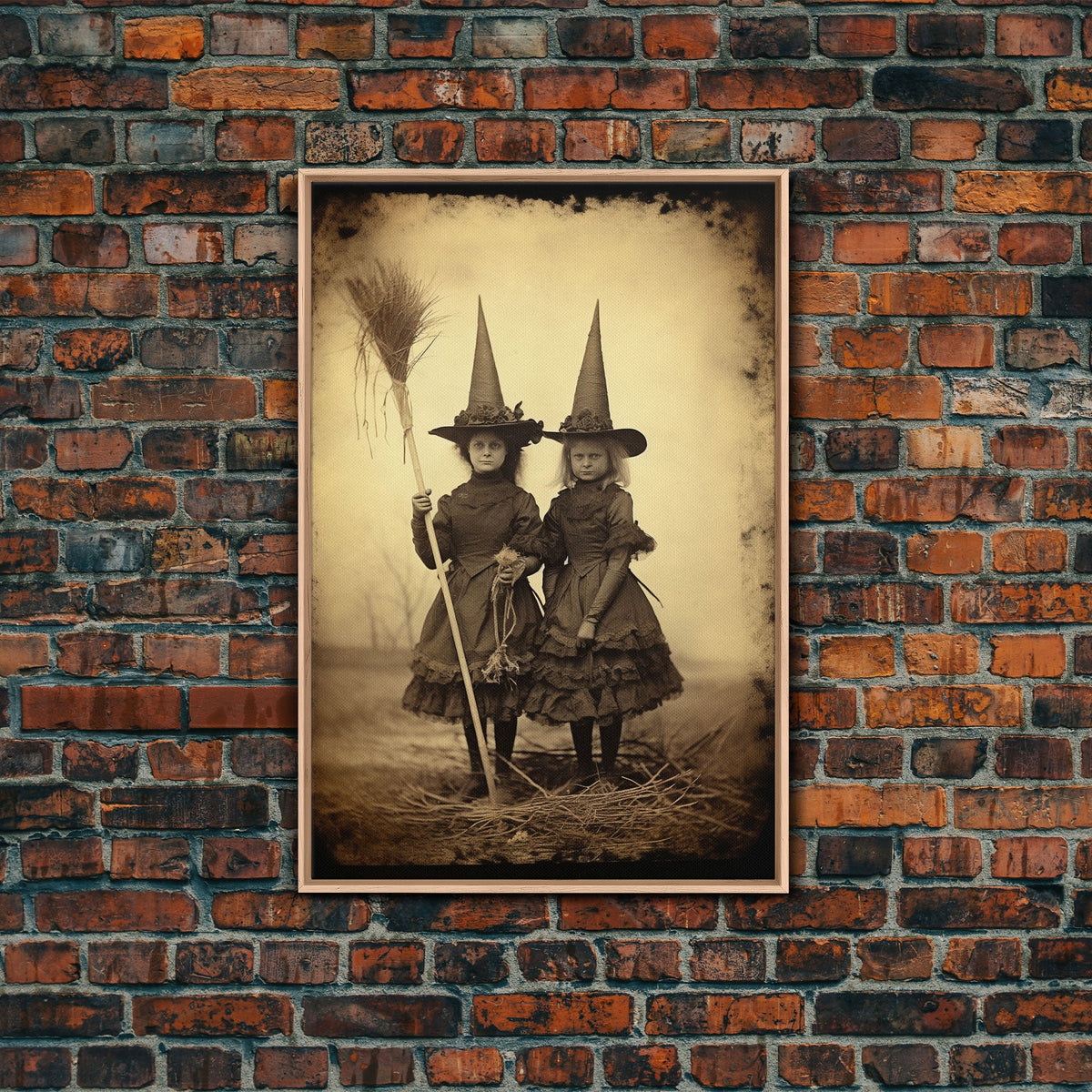Little Witches Portrait, Witchy Art, Portrait of a Victorian Witch, Daguerreotype, Framed Canvas Print, Halloween Wall Art, Halloween Canvas