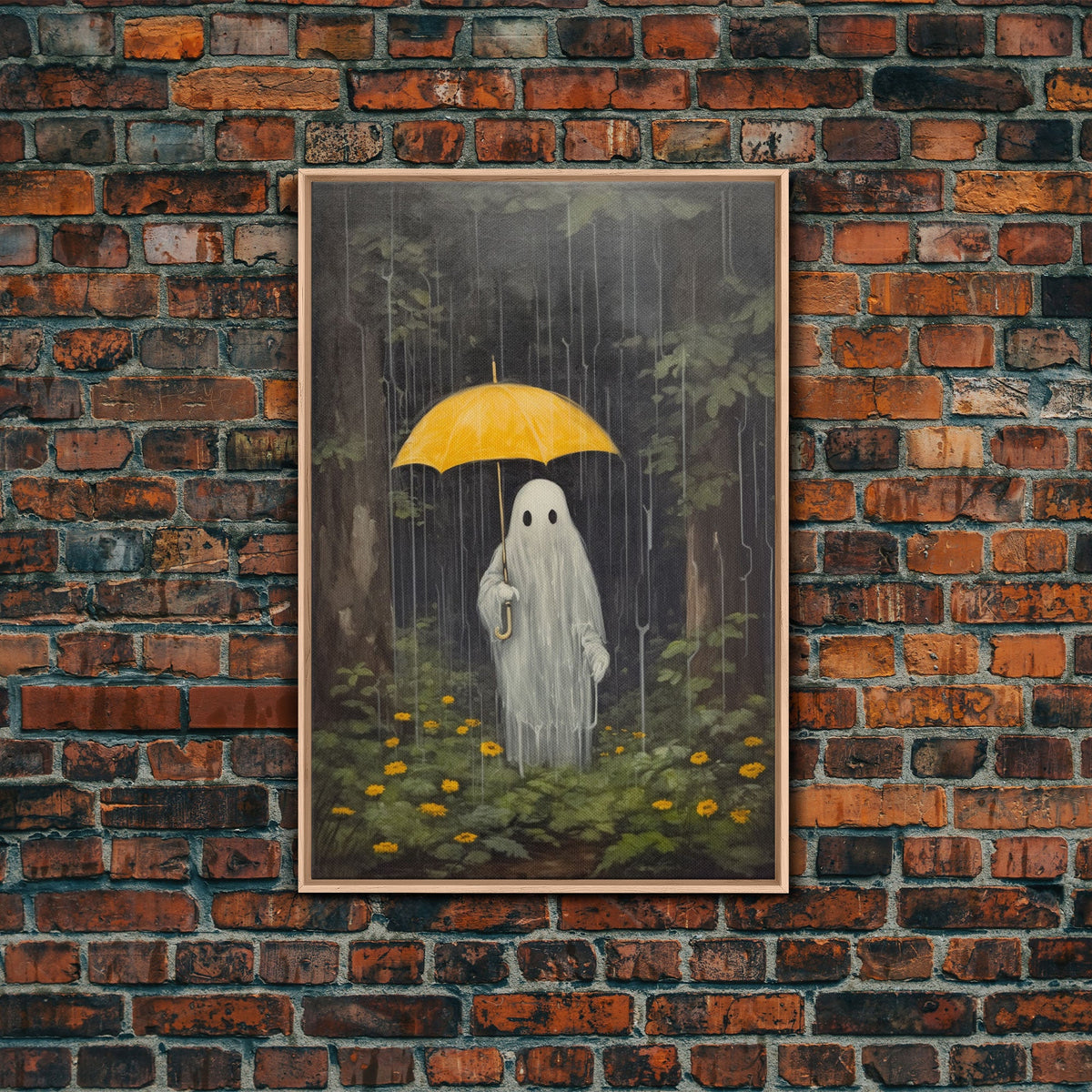 Spooky Ghost In The Rain, Vintage Halloween Art, Framed Canvas, Funny Halloween Decor, Ghost Print, Goth Art, Umbrella Ghost