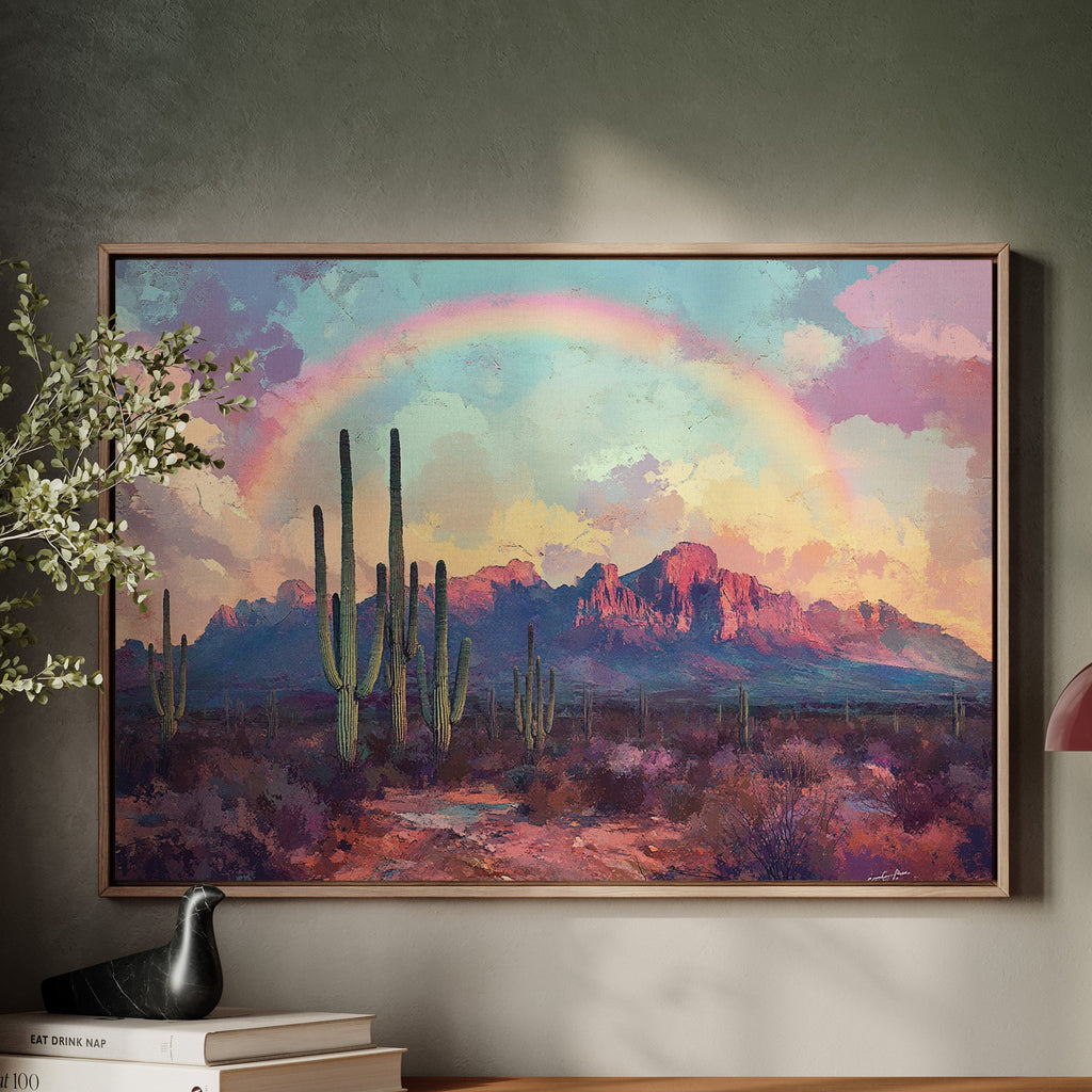 Cactus Rainbow Desert Print – Boho Southwest Canvas Art
