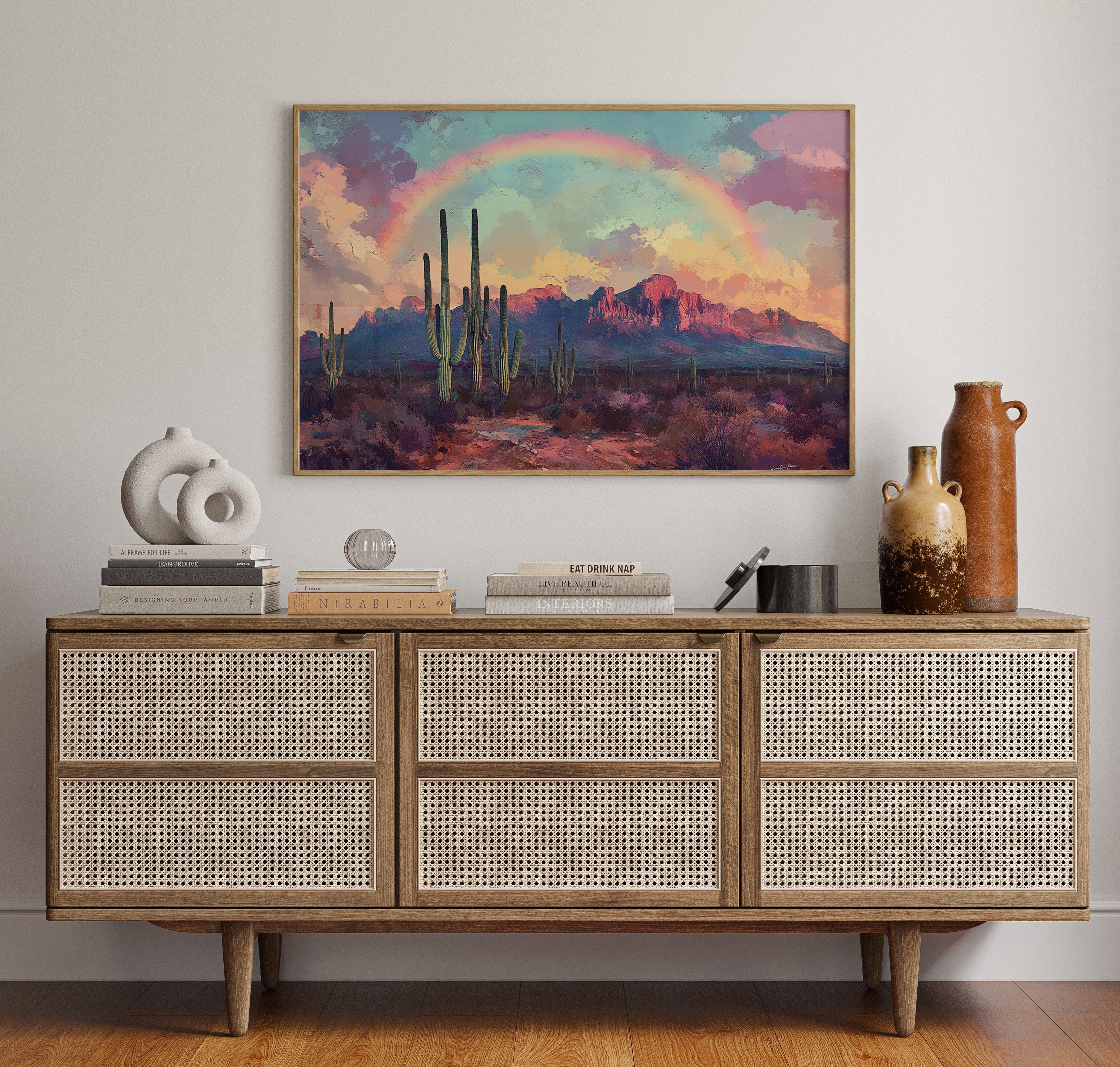 Cactus Rainbow Desert Print – Boho Southwest Canvas Art