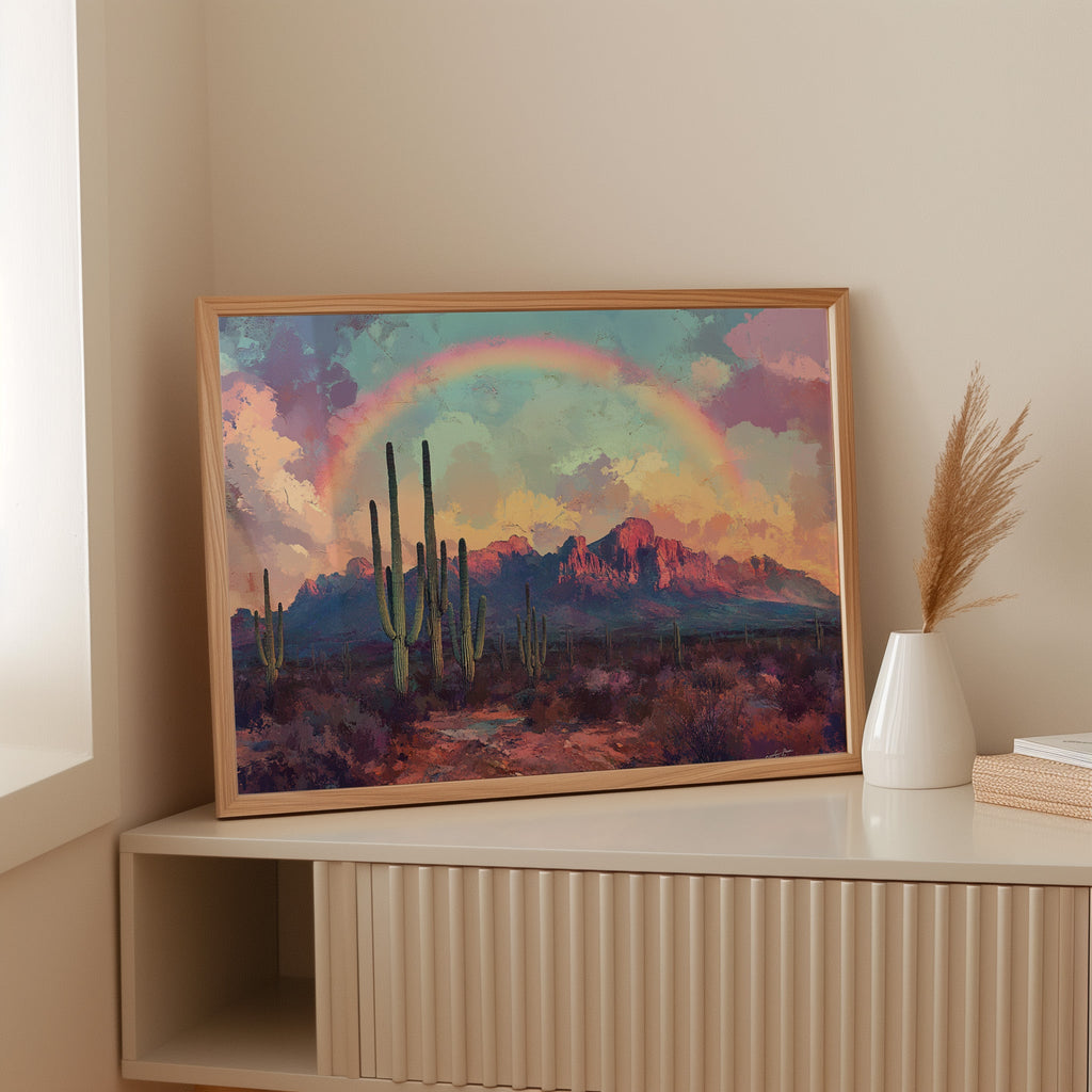 Cactus Rainbow Desert Print – Boho Southwest Canvas Art