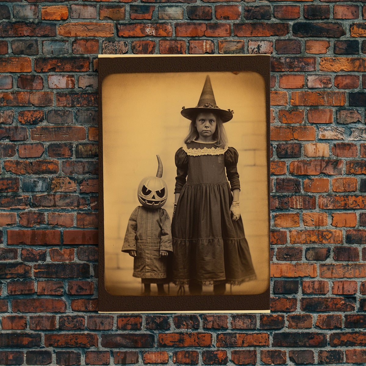 Cursed Art, Little Witch and Her Jack O' Lantern Familiar, Victorian Tintype Spooky Art, Halloween Decor, Halloween Canvas Print