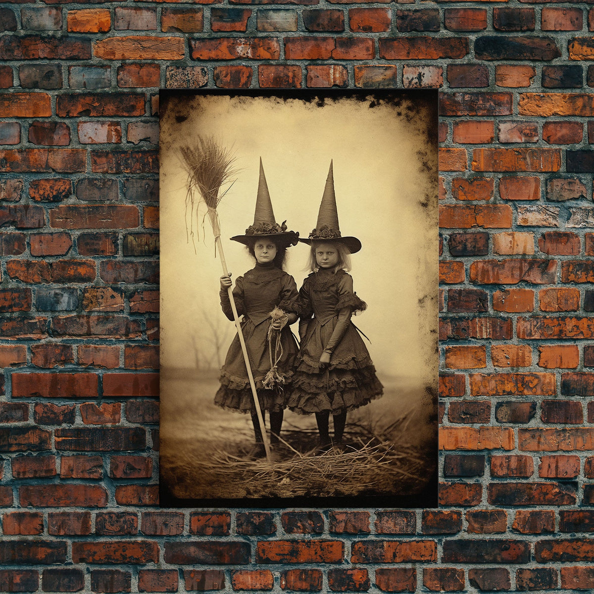 Little Witches Portrait, Witchy Art, Portrait of a Victorian Witch, Daguerreotype, Framed Canvas Print, Halloween Wall Art, Halloween Canvas