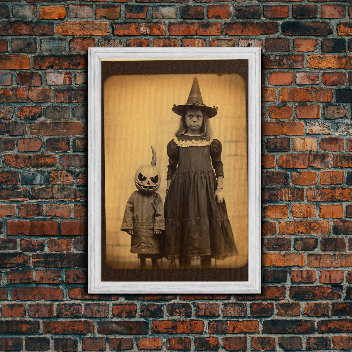 Cursed Art, Little Witch and Her Jack O' Lantern Familiar, Victorian Tintype Spooky Art, Halloween Decor, Halloween Canvas Print