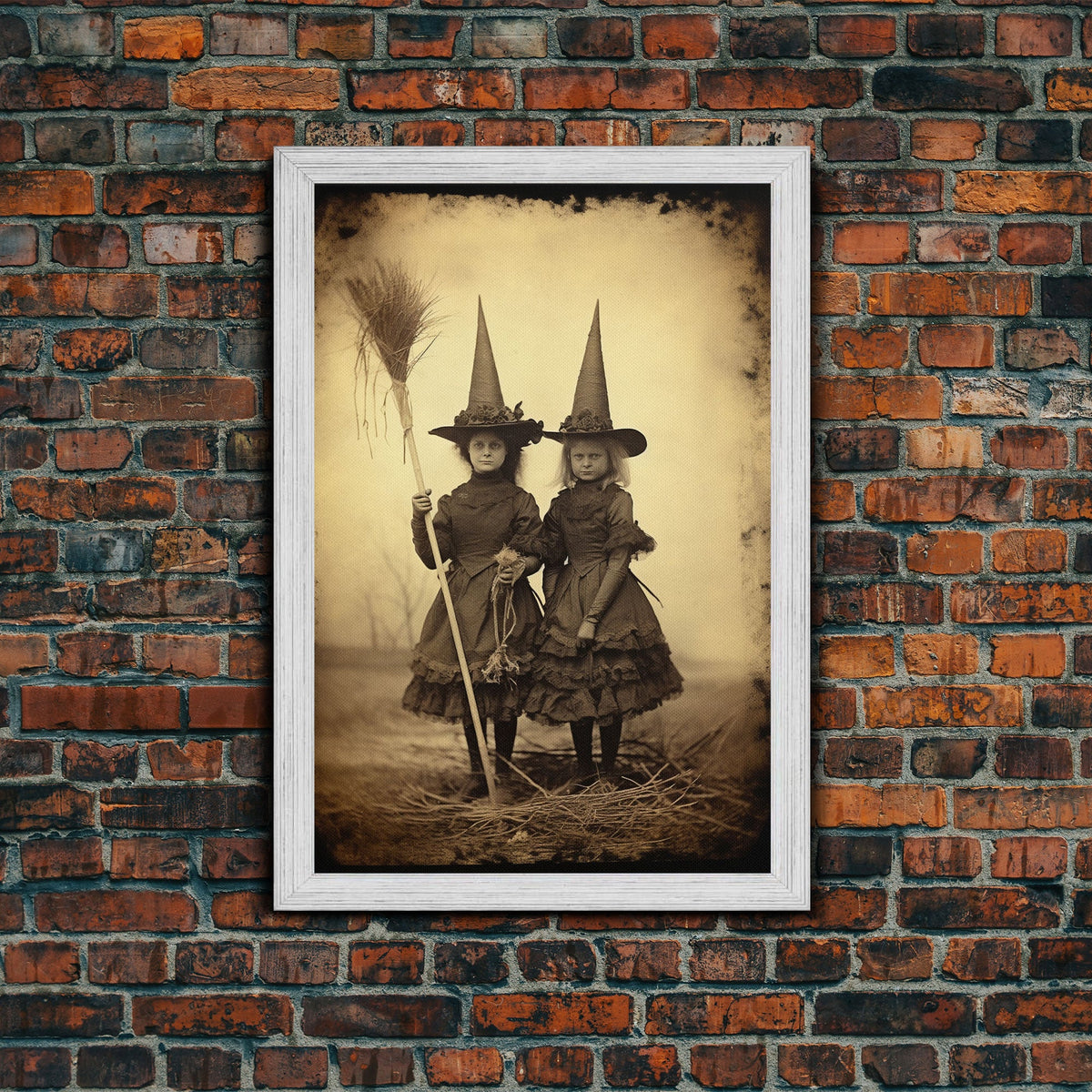 Little Witches Portrait, Witchy Art, Portrait of a Victorian Witch, Daguerreotype, Framed Canvas Print, Halloween Wall Art, Halloween Canvas