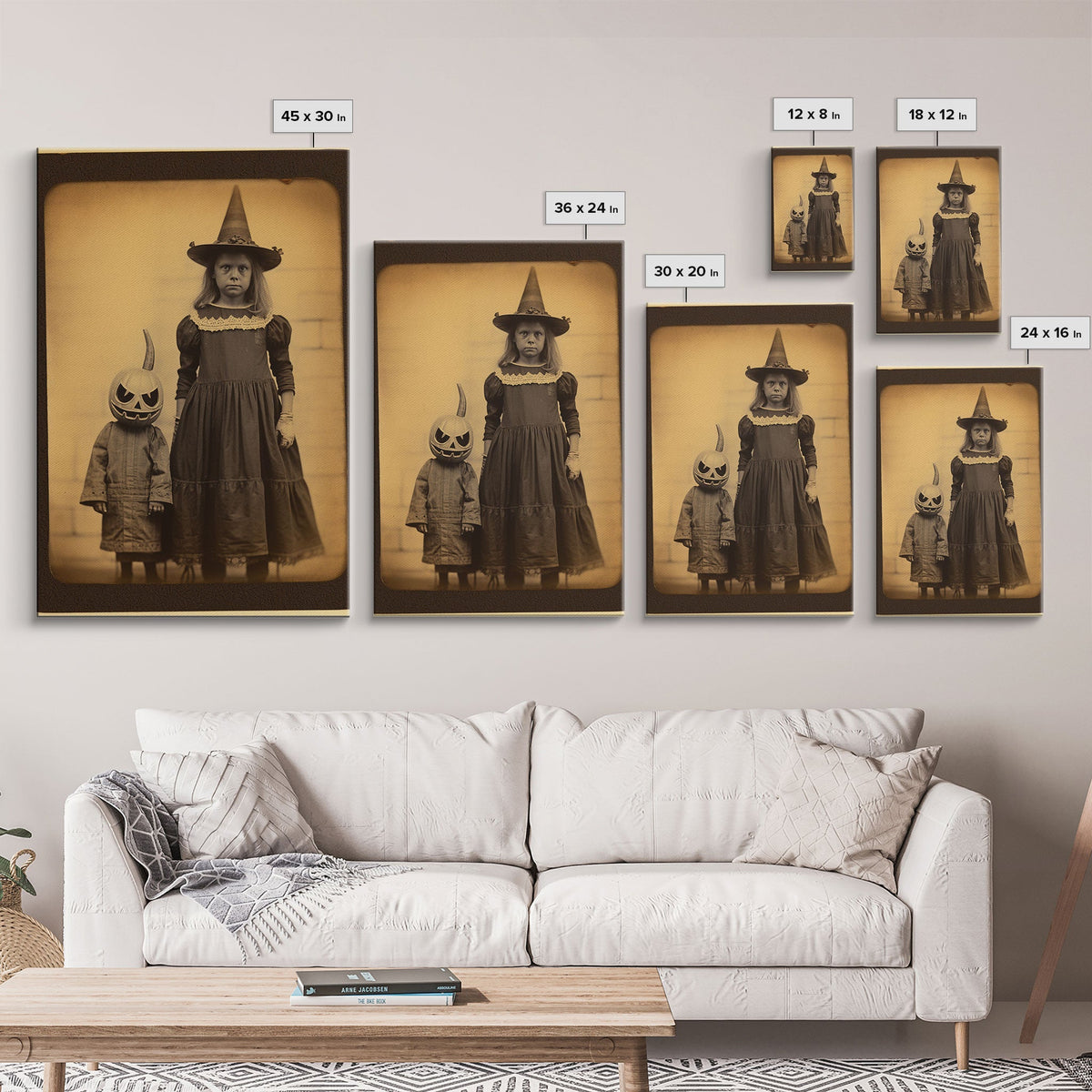 Cursed Art, Little Witch and Her Jack O' Lantern Familiar, Victorian Tintype Spooky Art, Halloween Decor, Halloween Canvas Print