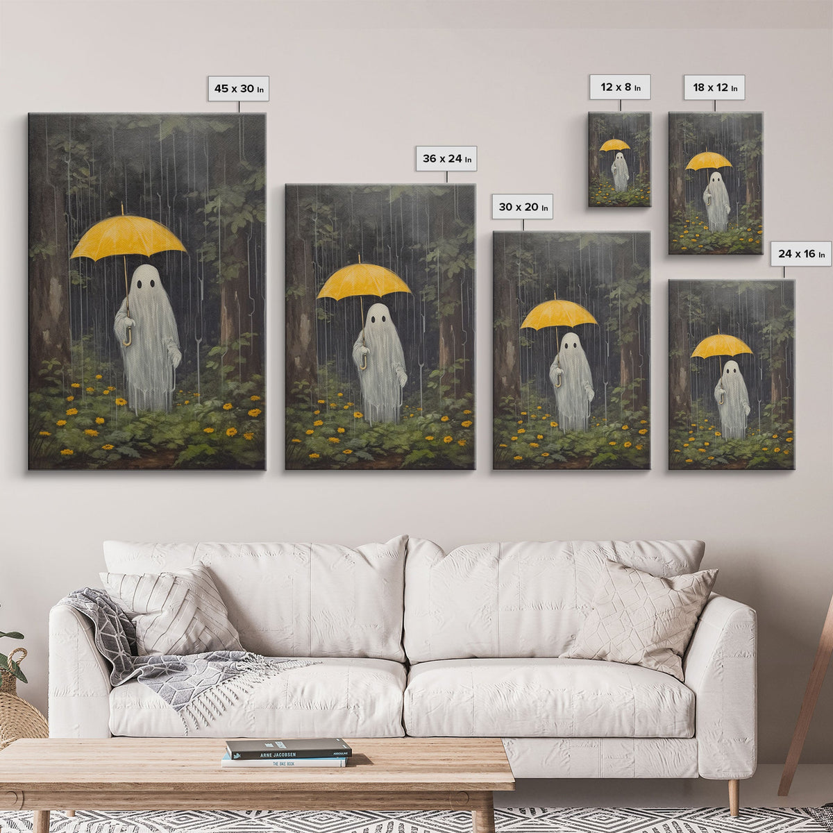 Spooky Ghost In The Rain, Vintage Halloween Art, Framed Canvas, Funny Halloween Decor, Ghost Print, Goth Art, Umbrella Ghost
