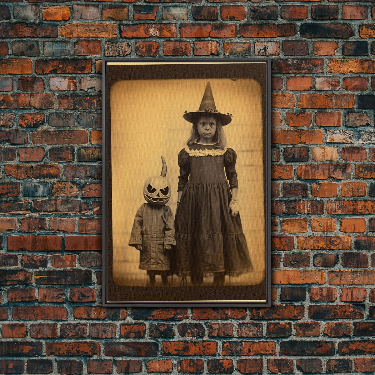 Cursed Art, Little Witch and Her Jack O' Lantern Familiar, Victorian Tintype Spooky Art, Halloween Decor, Halloween Canvas Print