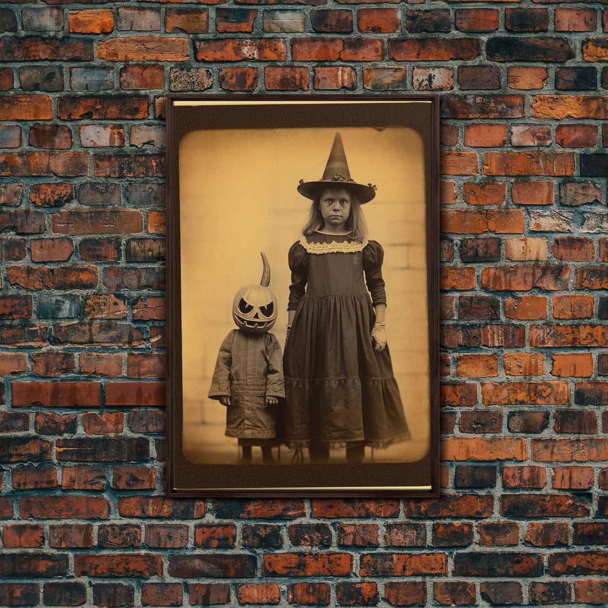 Cursed Art, Little Witch and Her Jack O' Lantern Familiar, Victorian Tintype Spooky Art, Halloween Decor, Halloween Canvas Print