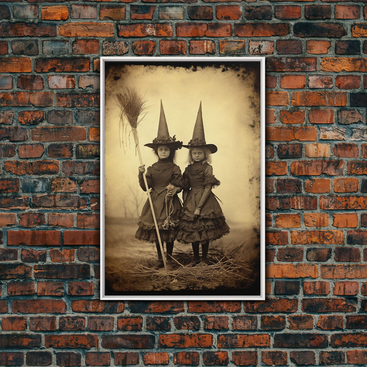 Little Witches Portrait, Witchy Art, Portrait of a Victorian Witch, Daguerreotype, Framed Canvas Print, Halloween Wall Art, Halloween Canvas