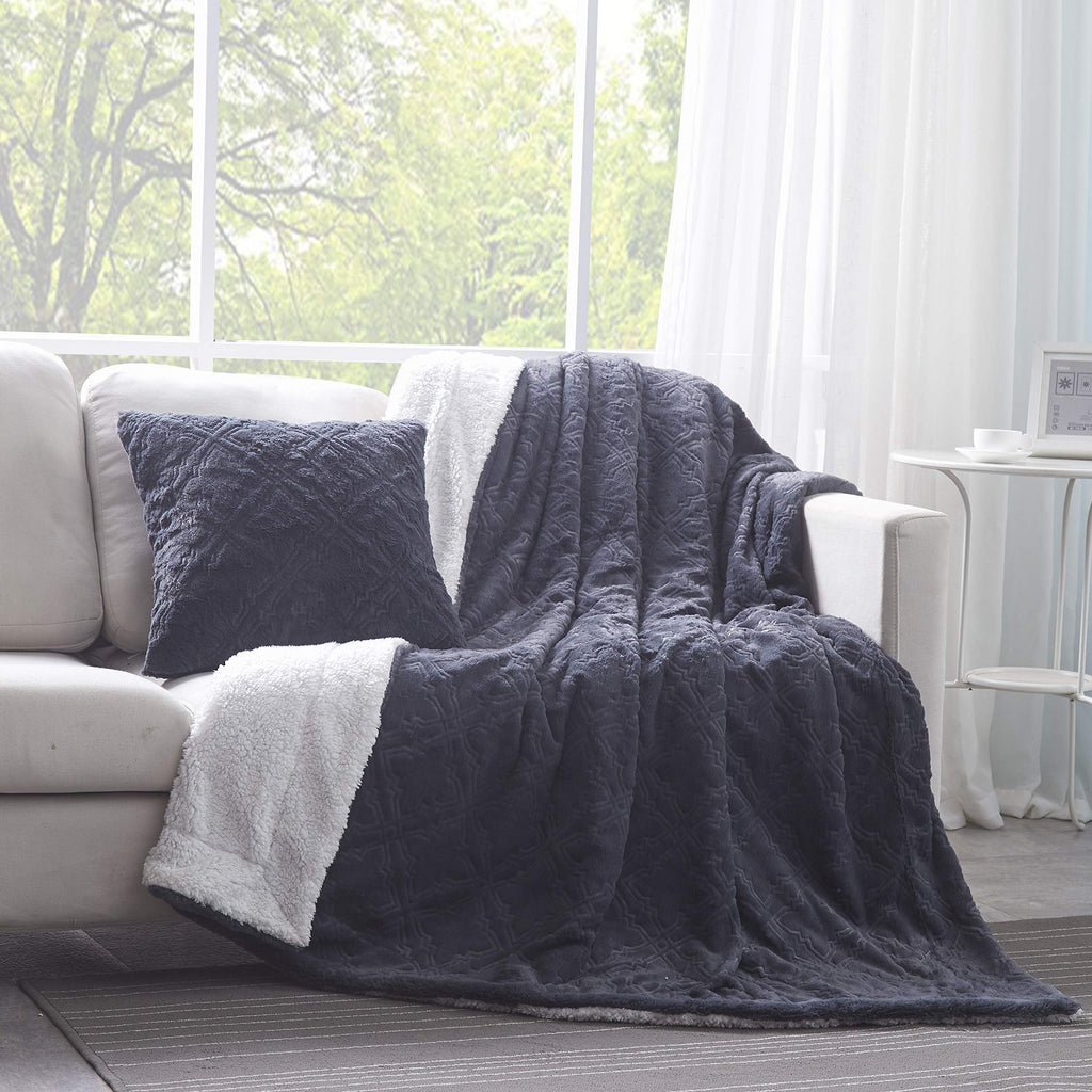 Tache Faux Fur Steel Navy Blue Diamond Trellis Pattern Throw Blanket