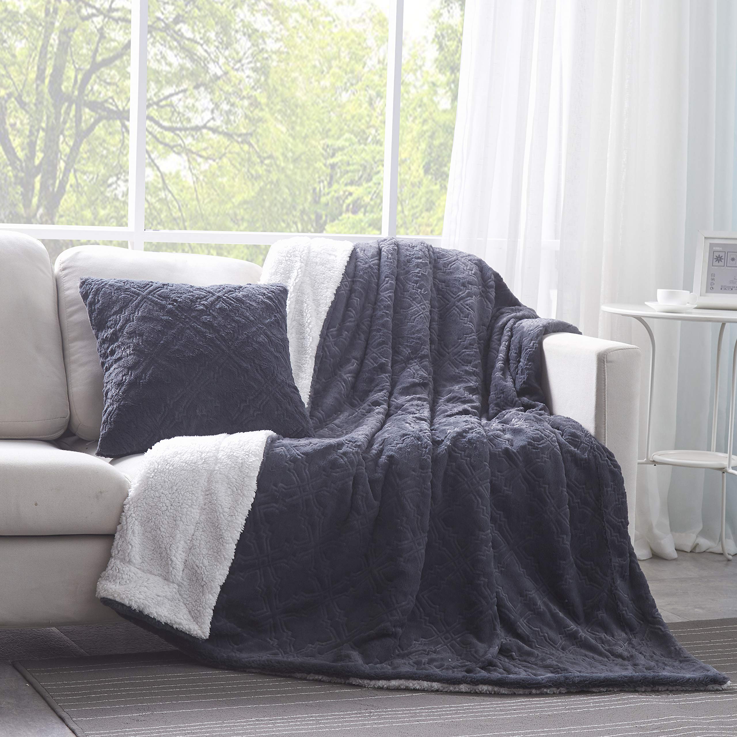 Tache Faux Fur Steel Navy Blue Diamond Trellis Pattern Throw Blanket