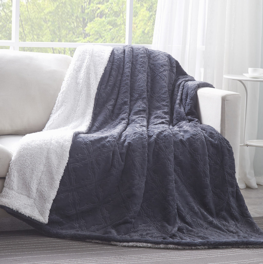 Tache Faux Fur Steel Navy Blue Diamond Trellis Pattern Throw Blanket