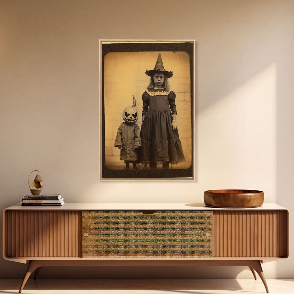Cursed Art, Little Witch and Her Jack O' Lantern Familiar, Victorian Tintype Spooky Art, Halloween Decor, Halloween Canvas Print
