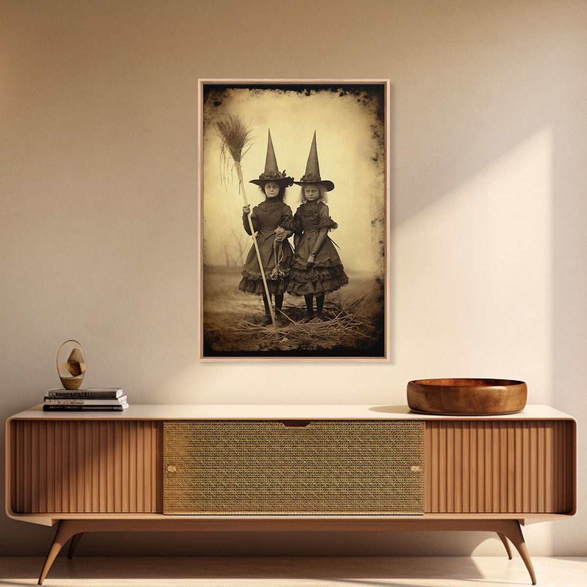 Little Witches Portrait, Witchy Art, Portrait of a Victorian Witch, Daguerreotype, Framed Canvas Print, Halloween Wall Art, Halloween Canvas