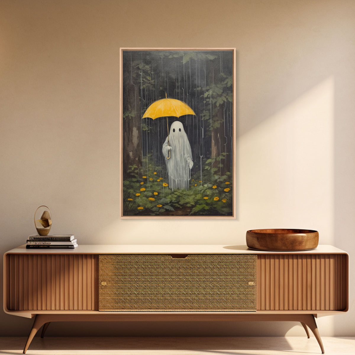 Spooky Ghost In The Rain, Vintage Halloween Art, Framed Canvas, Funny Halloween Decor, Ghost Print, Goth Art, Umbrella Ghost