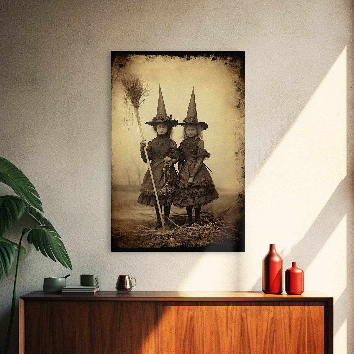 Little Witches Portrait, Witchy Art, Portrait of a Victorian Witch, Daguerreotype, Framed Canvas Print, Halloween Wall Art, Halloween Canvas