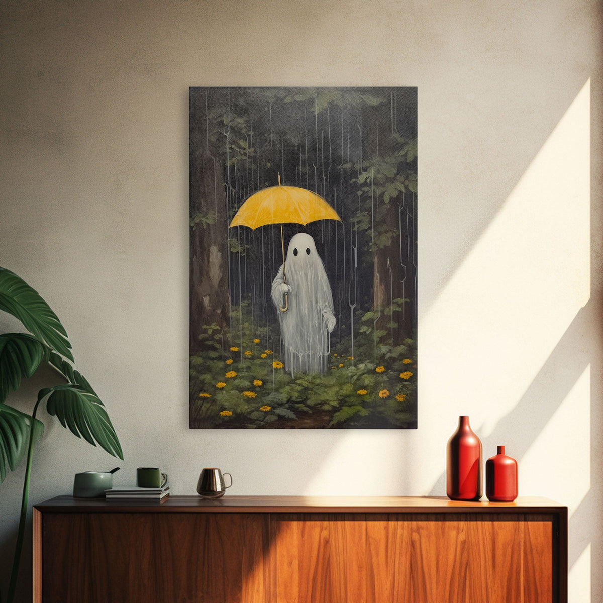 Spooky Ghost In The Rain, Vintage Halloween Art, Framed Canvas, Funny Halloween Decor, Ghost Print, Goth Art, Umbrella Ghost