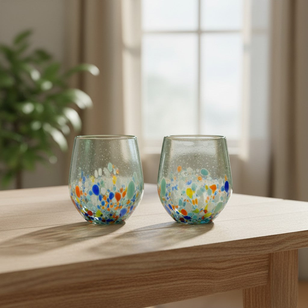 Hand-Blown Mexican Stemless Wine Glass | Confetti & Clear Design