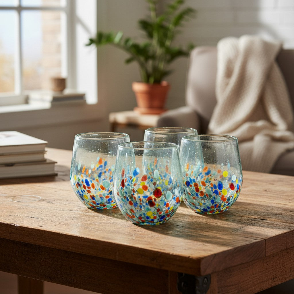 Hand-Blown Mexican Stemless Wine Glass | Confetti & Clear Design
