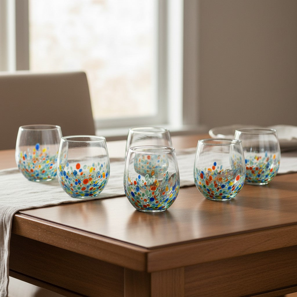 Hand-Blown Mexican Stemless Wine Glass | Confetti & Clear Design
