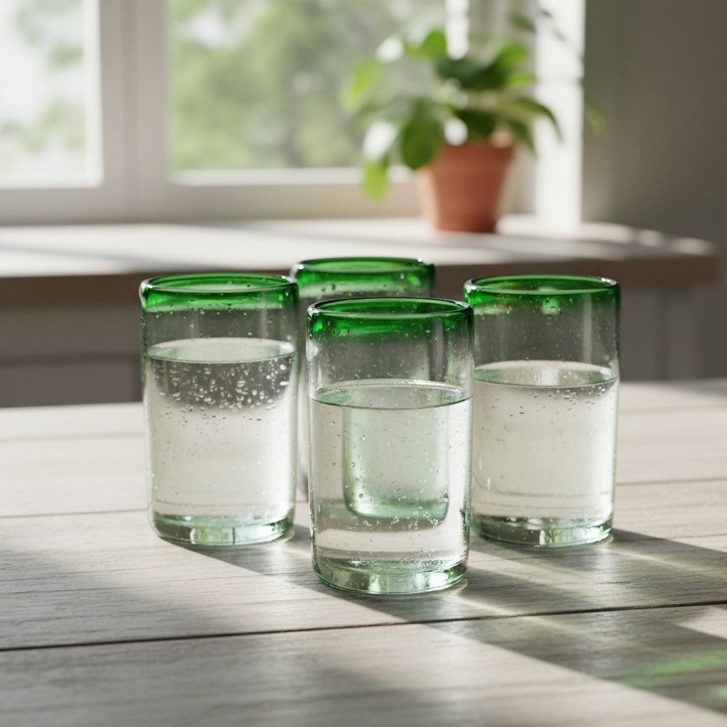 Hand-Blown Mexican Tumbler Glass | Emerald Green Rim
