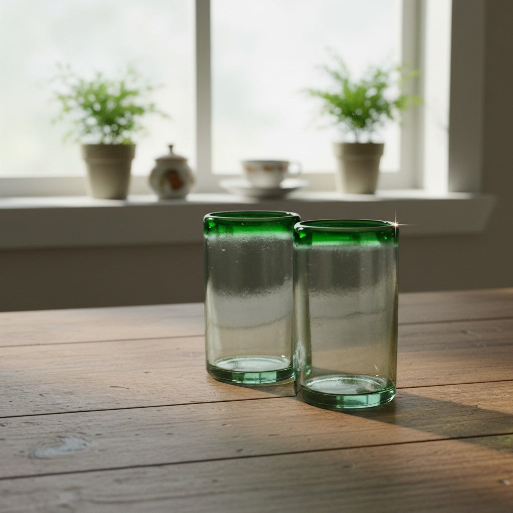 Hand-Blown Mexican Tumbler Glass | Emerald Green Rim