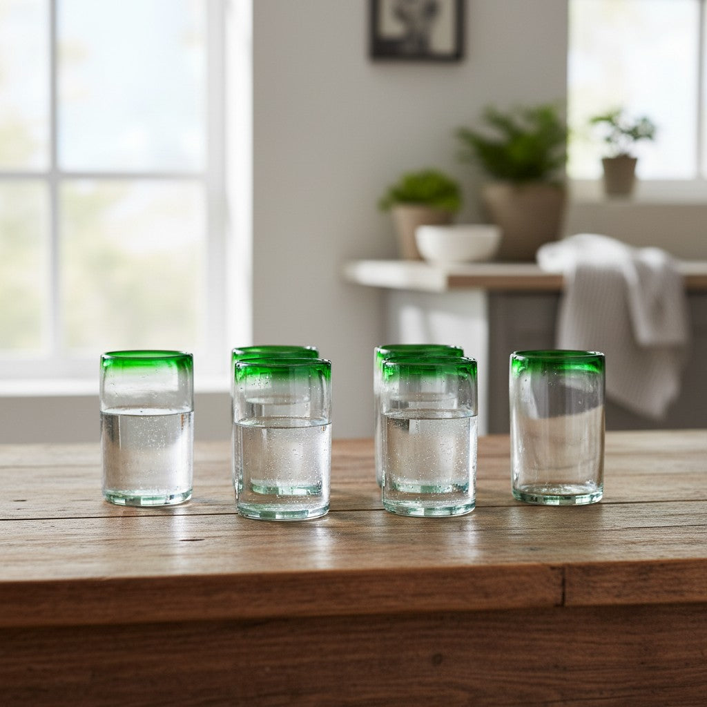 Hand-Blown Mexican Tumbler Glass | Emerald Green Rim