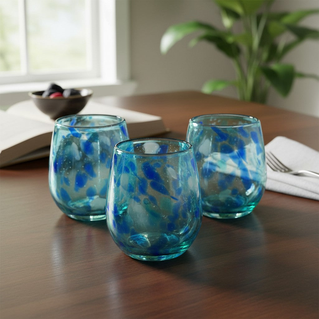 Hand-Blown Mexican Stemless Wine Glass | Blue and White Snow Pattern