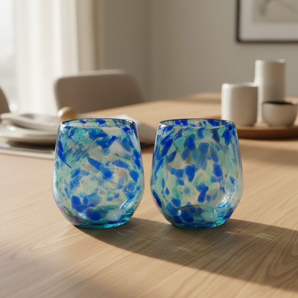 Hand-Blown Mexican Stemless Wine Glass | Blue and White Snow Pattern