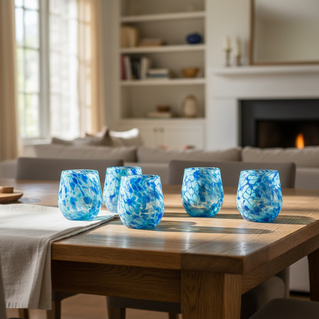 Hand-Blown Mexican Stemless Wine Glass | Blue and White Snow Pattern
